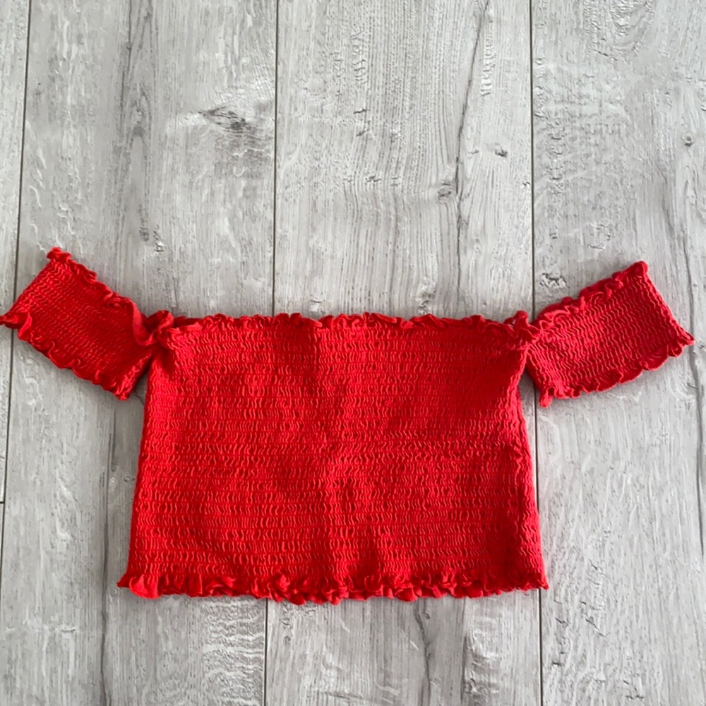 red off the shoulder crop top